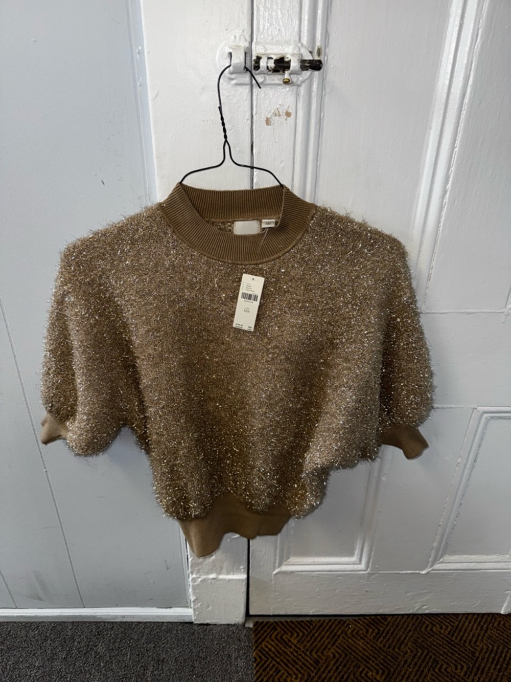 Maeve Metallic Sparkle Short-Sleeve Crewneck Sweater - Brown